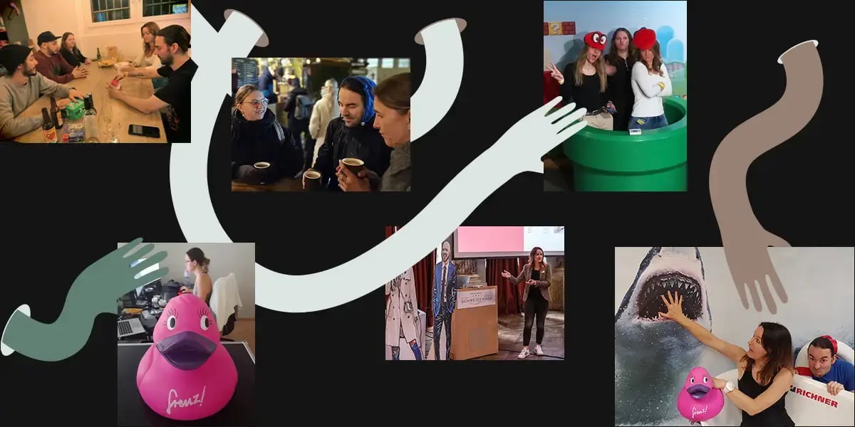 Bildcollage des Teams, verschlungene Hände halten einige Bilder