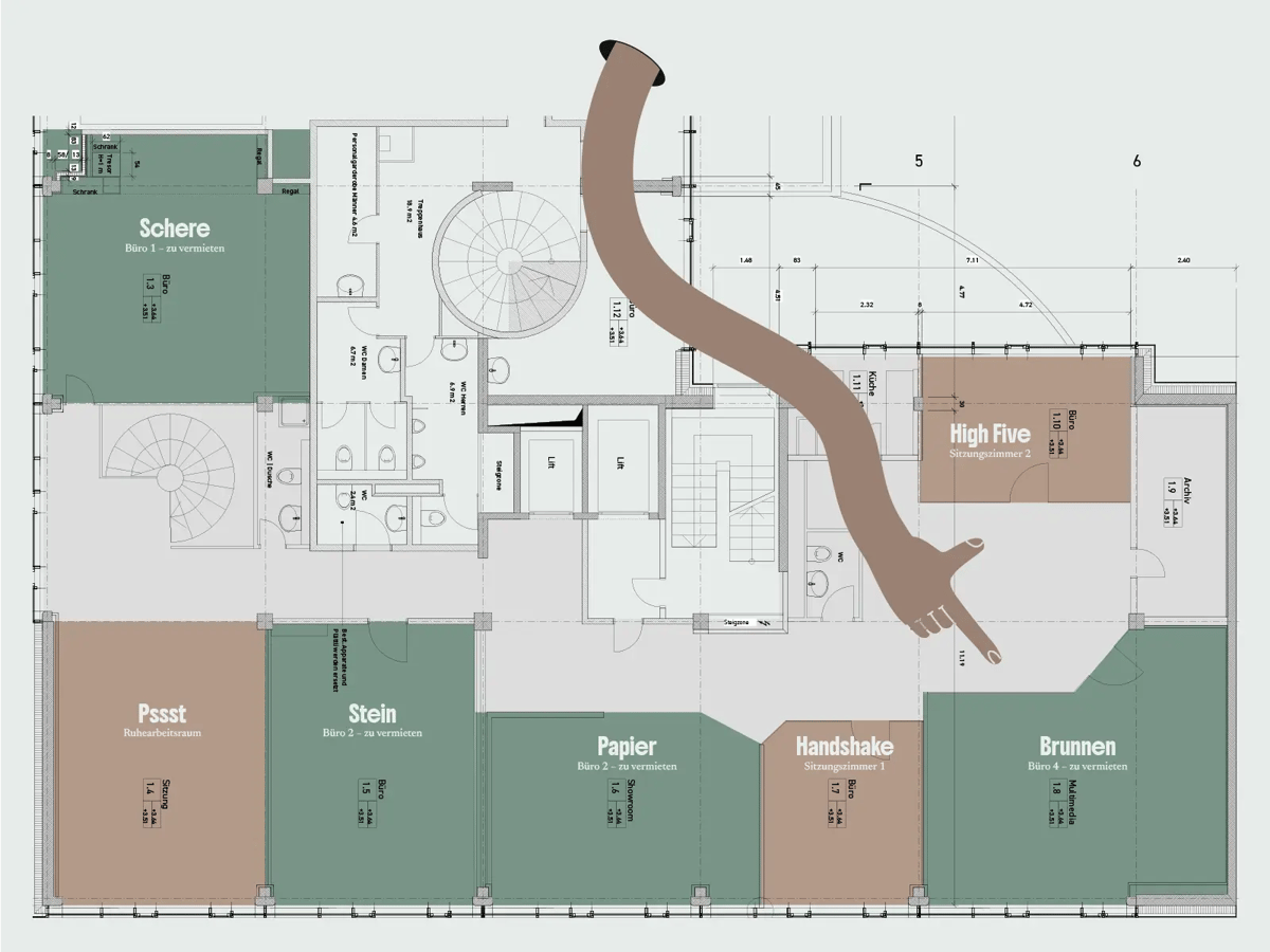 Grundriss Coworking Luzern mit einer Hand, die auf das zu vermietende Büro "Brunnen" zeigt