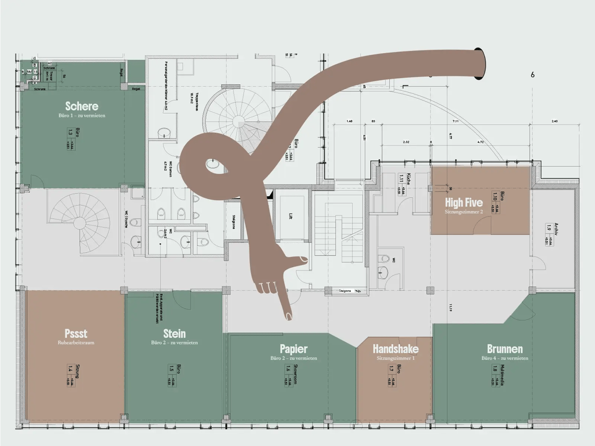Grundriss Coworking Luzern mit einer Hand, die auf das zu vermietende Büro "Papier" zeigt