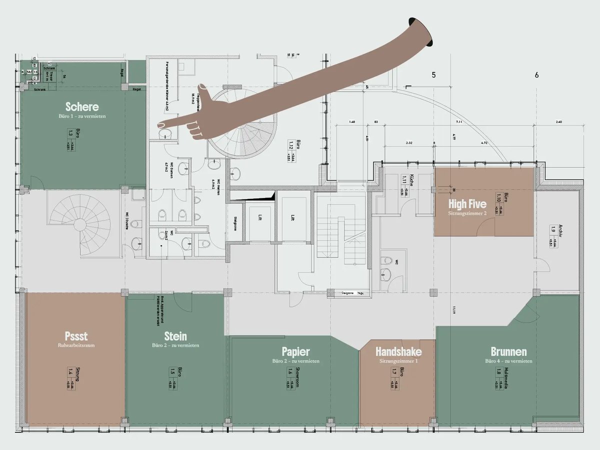 Grundriss Coworking Luzern mit einer Hand, die auf das zu vermietende Büro "Schere" zeigt
