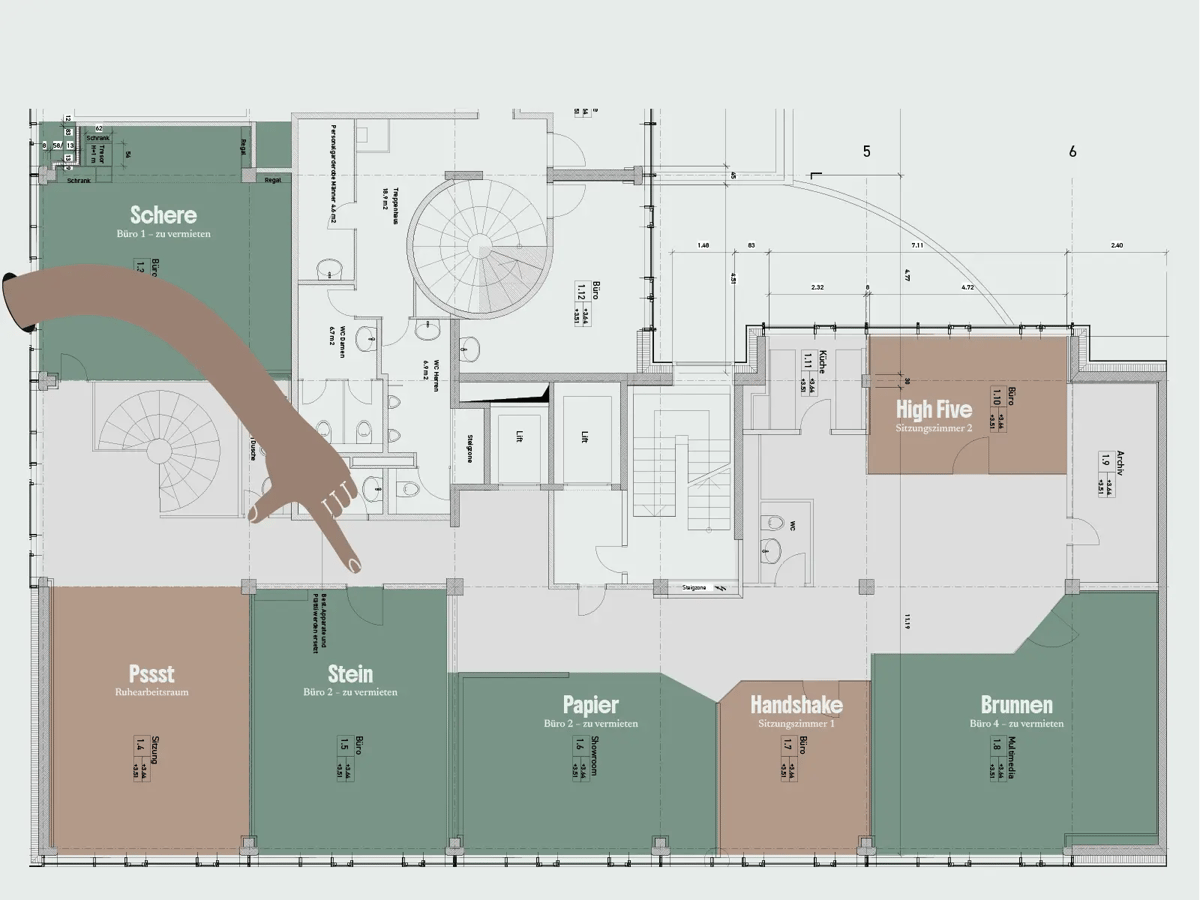 Grundriss Coworking Luzern mit einer Hand, die auf das zu vermietende Büro "Stein" zeigt